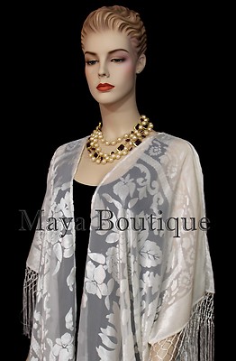 Pre-owned Maya Matazaro Ivory Kaftan Duster Fringe Jacket Kimono Opera Coat Burnout Velvet  In White