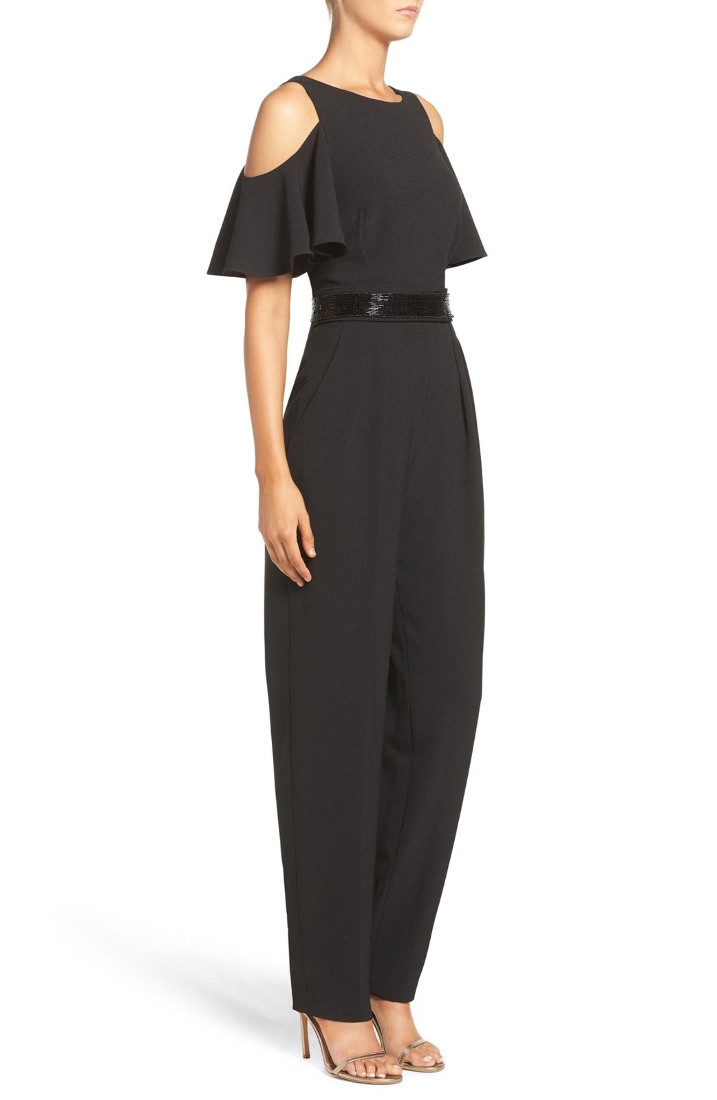 Eliza J Cold Shoulder Jumpsuit 4 Black Crepe Flare short Sleeve Two Sash Pockts