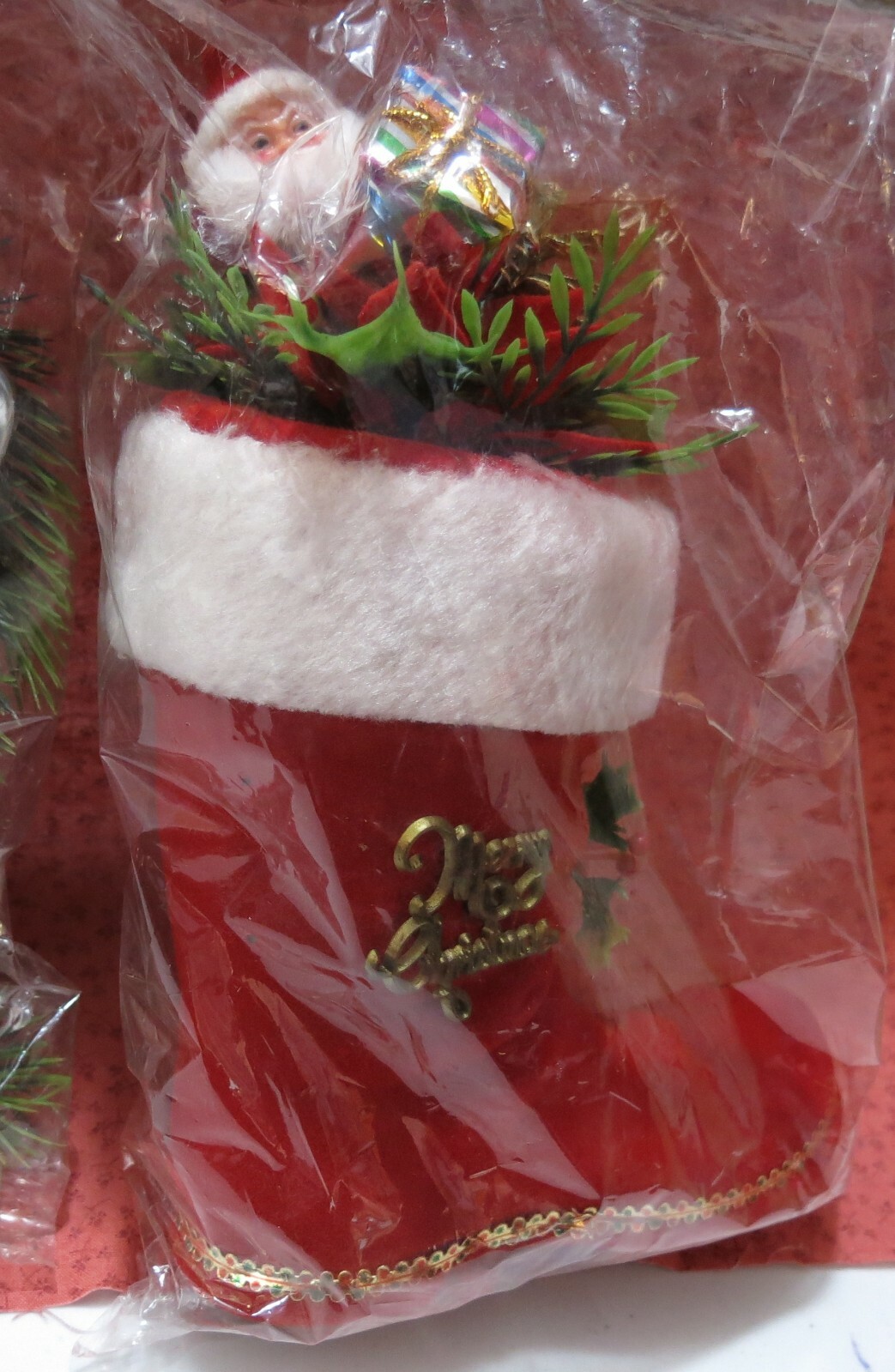 Vintage NEW Christmas Plastic Decorations NOS NIP Snowman Santa Greens Boot