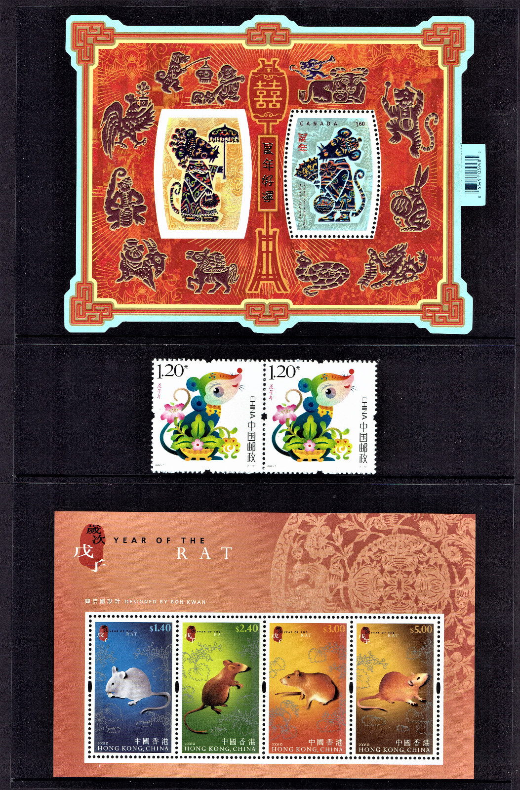 “2008 Year of the RAT” - Pack w/ 2008 Canada, China & Hong Kong Postage Stamps