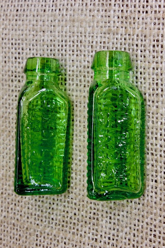 Two OLD 3 in 1 Oil Bottle SAMPLE Green Triangular Ribbed cork top vintage small