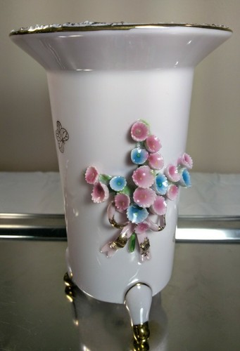 Pink Porcelain Vintage 50s LEFTON China Footed Tall Vase Raised Flowers Set of 3