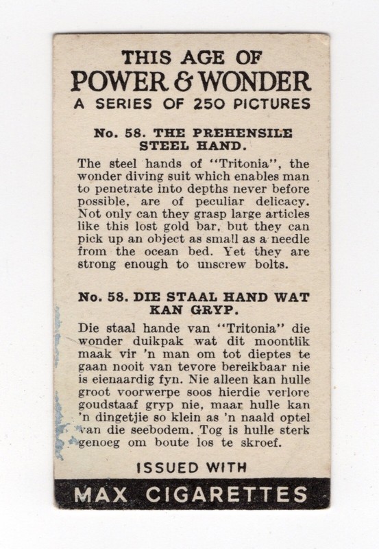 Power & Wonder cigarette card 1935 #058 Steel hands Tritonia Wonder diving suit
