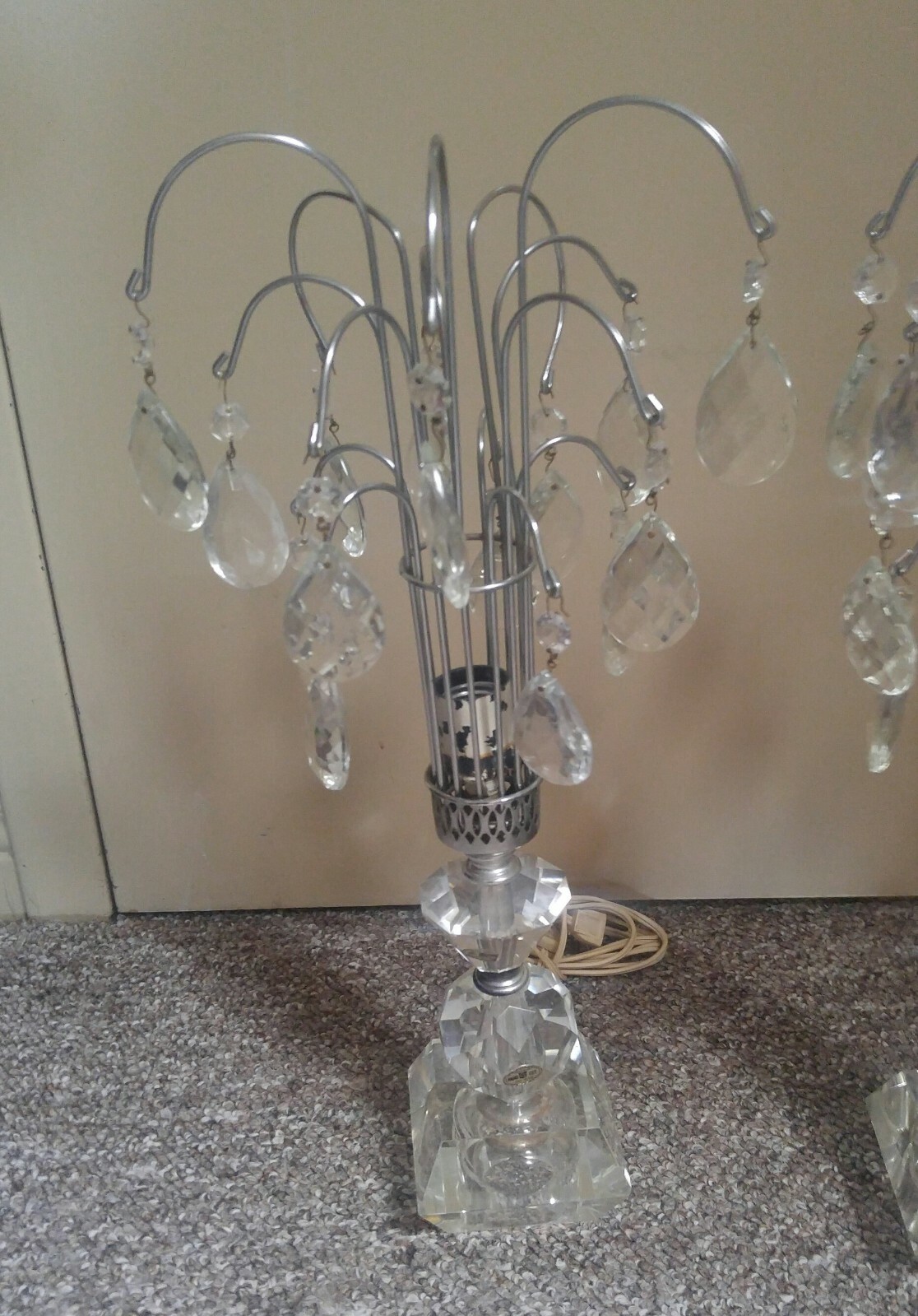 Art deco mcm Hollywood regency waterfall crystal hand cut glass pair lamps offer