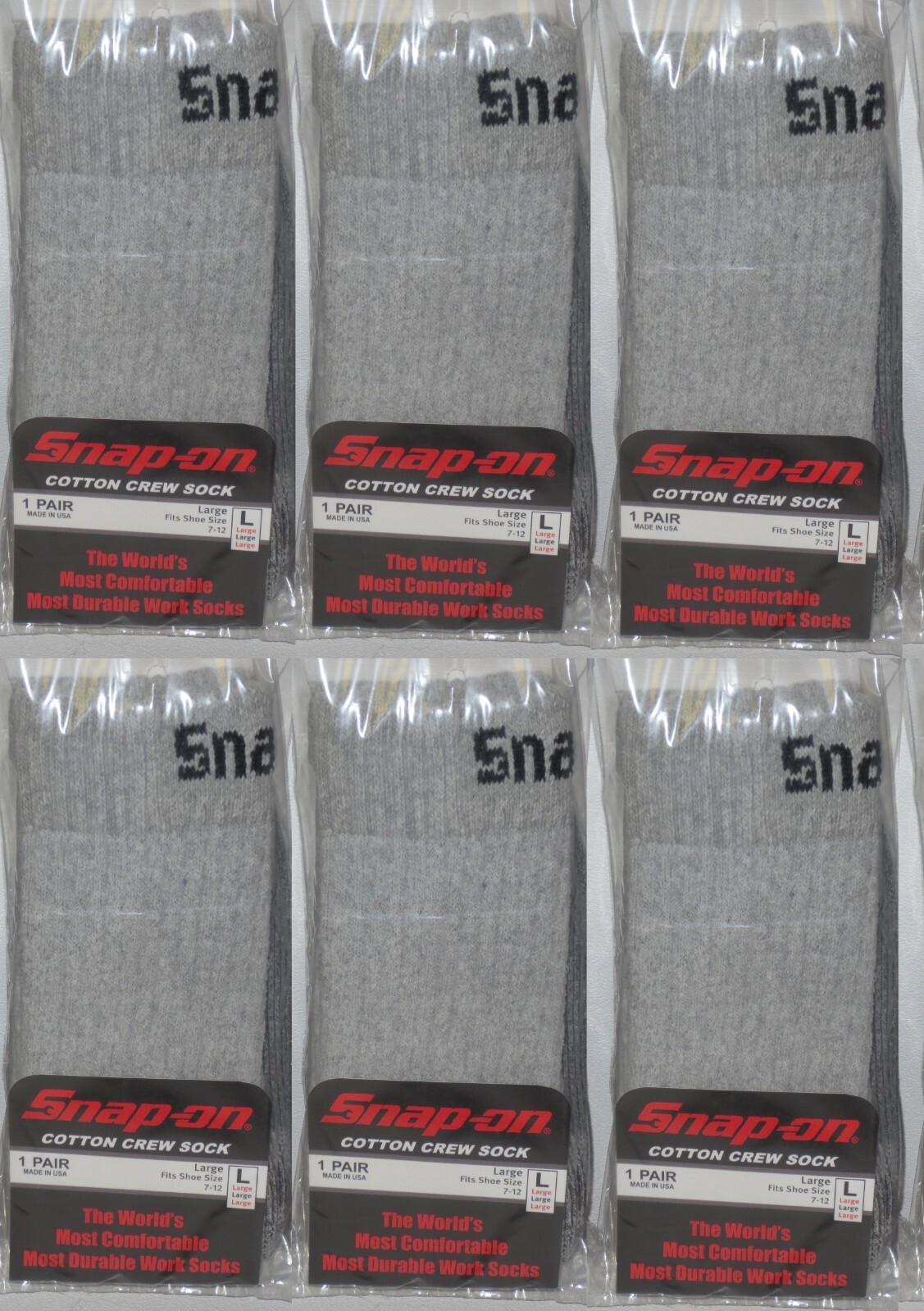 6 PAIRS = SNAP-ON Crew Socks, GRAY ~ LARGE ~ FREE SHIPPING ~ MADE IN USA *NEW*