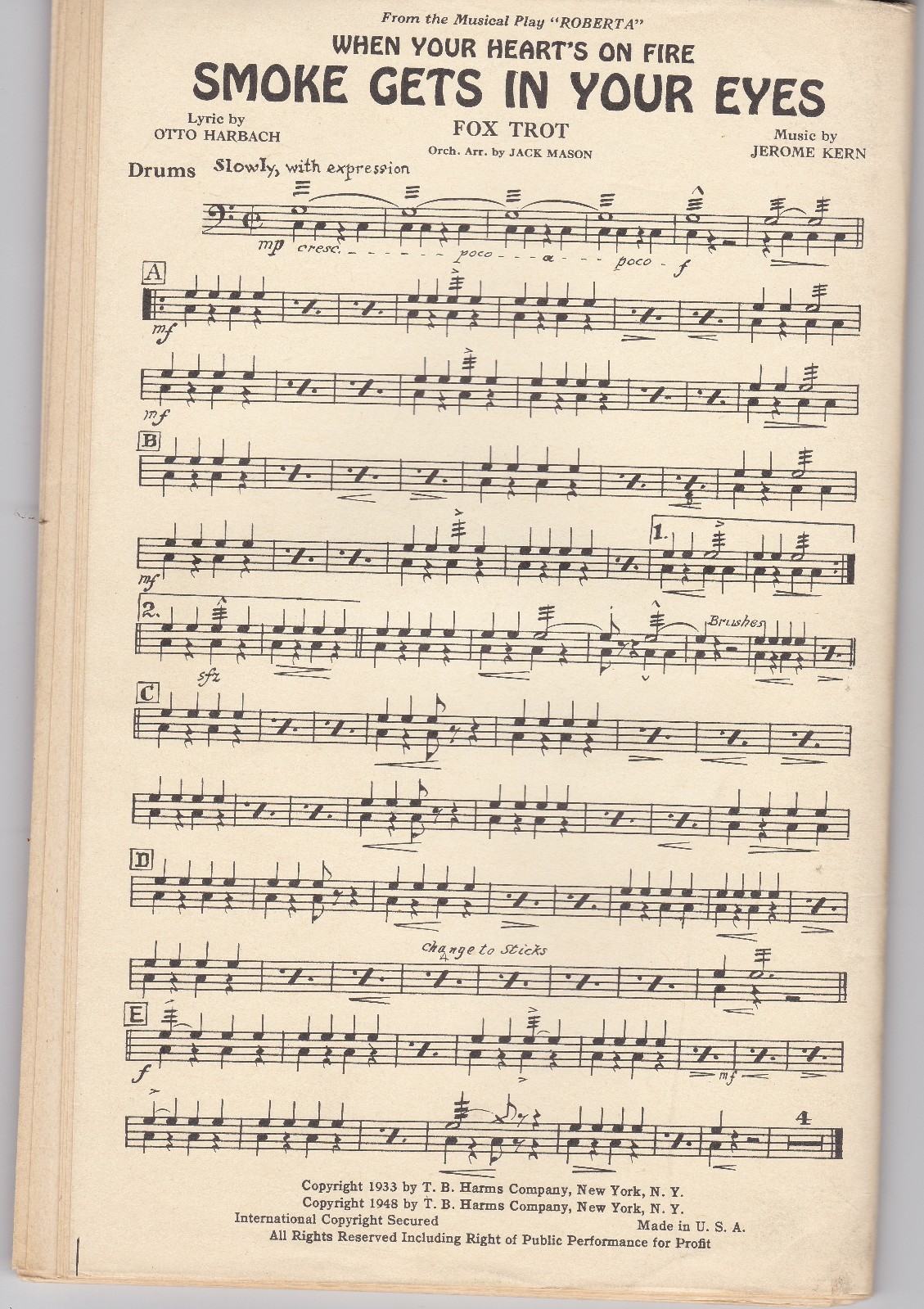 1948 Smoke Gets in Your Eyes Orchestral Arrangement Sheet Music from Roberta