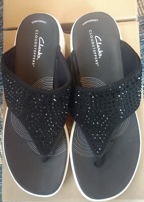 Clarks Cloud Steppers Womens Drift Jaunt Black Noir T-Strap Sandals Size 8.5 