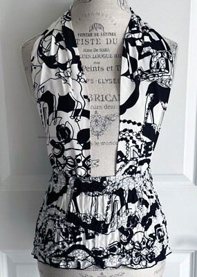 22C CHANEL BLACK WHITE SILK PRINTED HALTER TOP 36