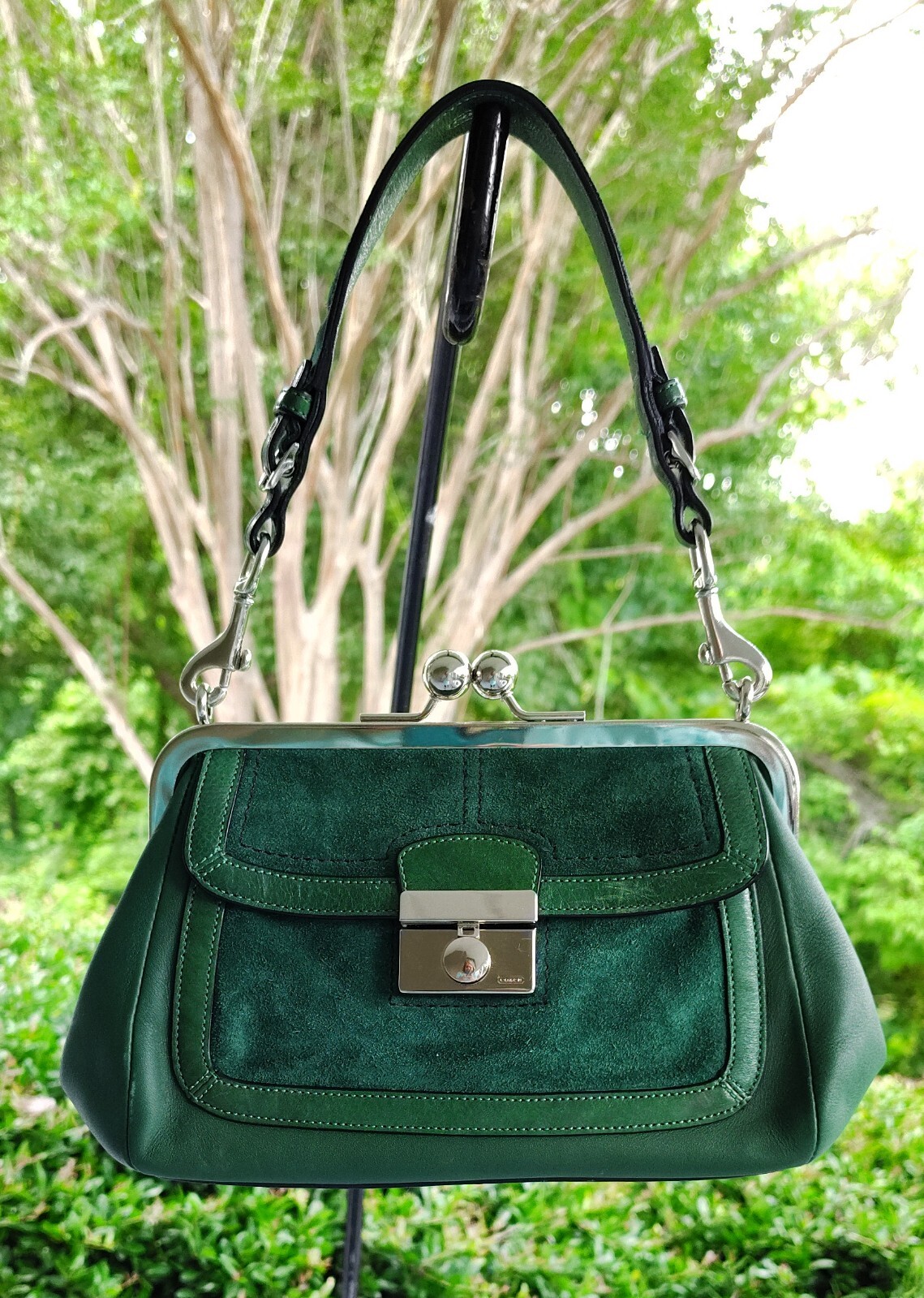 バッグ Coach Kisslock & Turnlock Hand Bag Green Rare Vintage Coach Kiss Lock Green Suede Leather Bag/purse