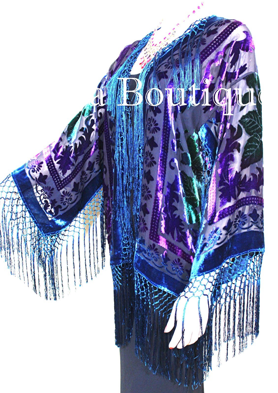 Pre-owned Maya Matazaro Tye Dye Teal Multi Short Fringe Jacket Kimono Burnout Velvet