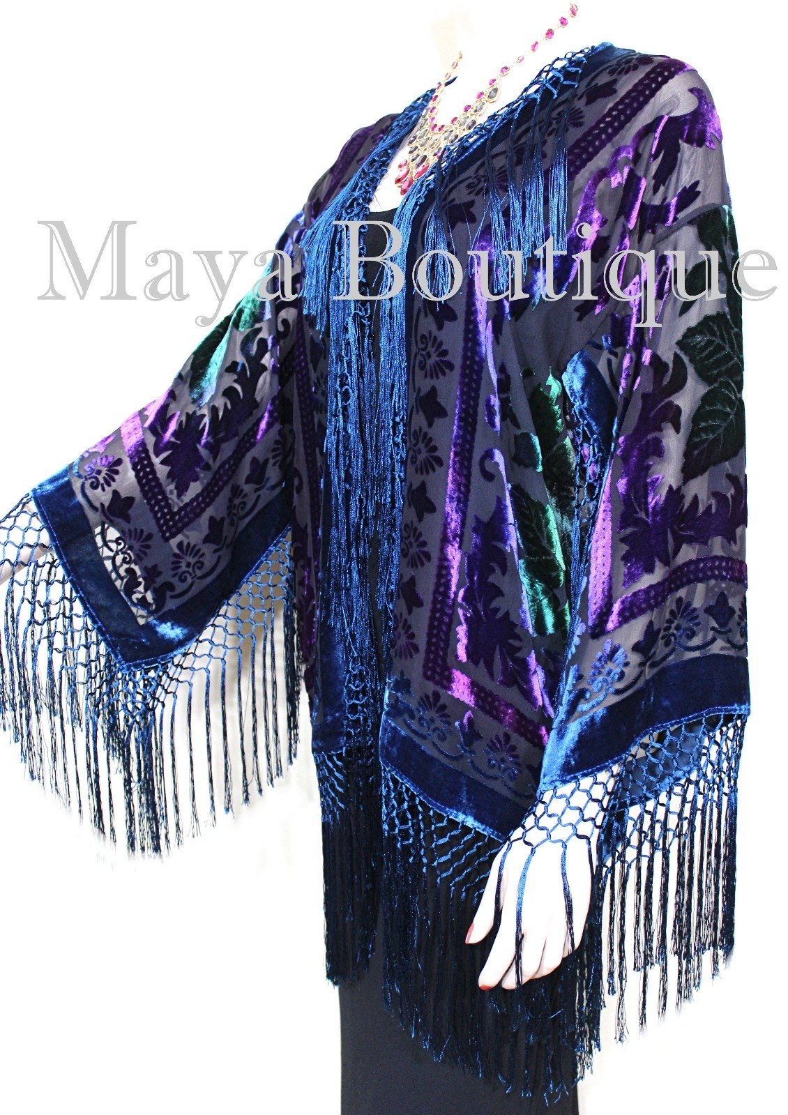 Pre-owned Maya Matazaro Tye Dye Teal Multi Short Fringe Jacket Kimono Burnout Velvet