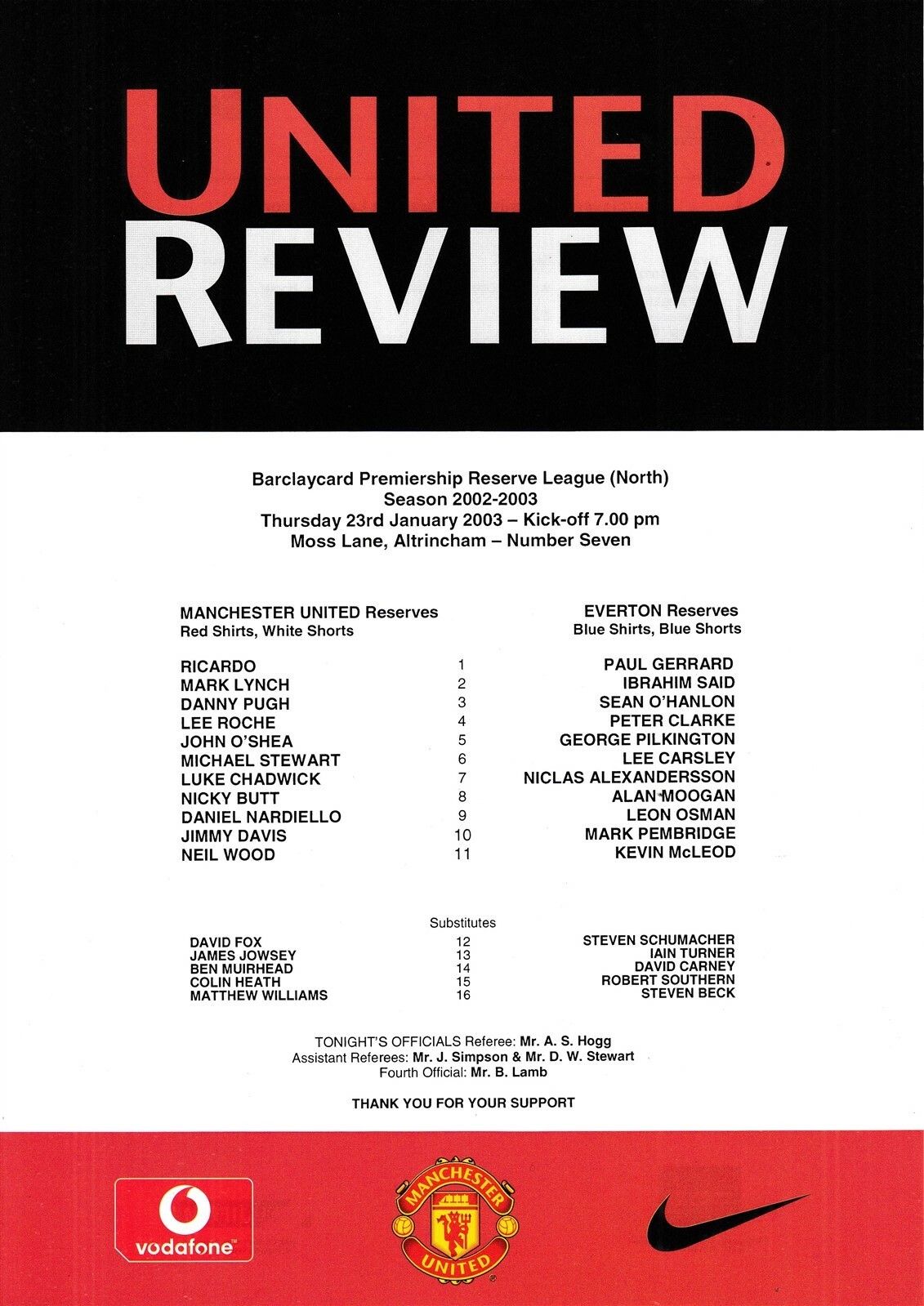 Manchester United Reserves v Everton Reserves 2002/3 (23 Jan)