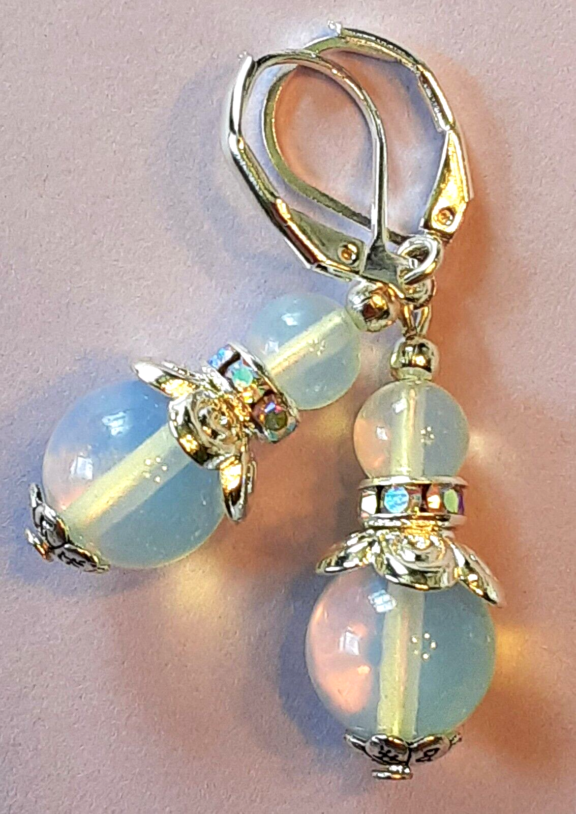 double OPALITE & Rhinestone roundel SP LEVER BACK handcrafted XX