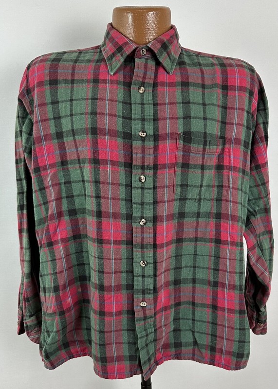 Vintage 80s Van Heusen Flannel Shirt Mens L Slim Green Red Plaid Outdoor Grunge
