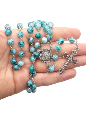 Turquoise Marble Glass Beads Rosary Necklace Catholic Miraculous Medal & Cross