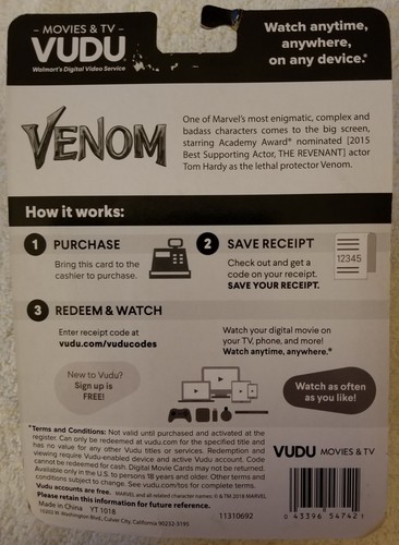 Venom Limited Edition Action Figure -Walmart/ Vudu -New! No movie code!