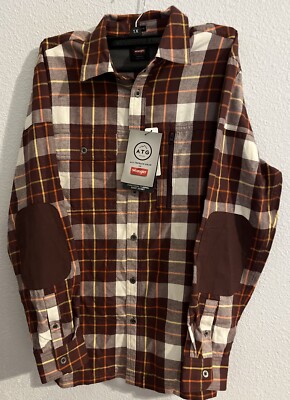 Wrangler Shirt Men Small Brown Plaid ATG Flannel Elbow Patches All Terrain Gear