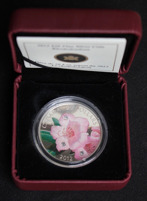 2012 CANADA $20 PURE SILVER PROOF COLOURED RHODODENDRON w