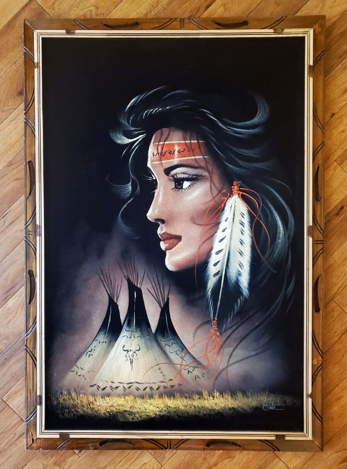 Ortiz Signed Black Velvet Oil Painting Beautiful Native Ortiz Signed Black Velvet Oil Painting Beautiful Native