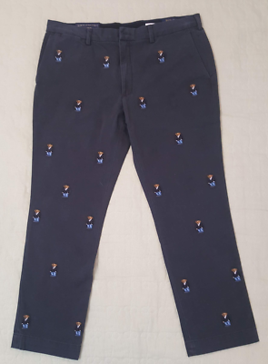 Polo RALPH LAUREN Polo Bear Chino Pants Khaki Slim Fit Embroidered Gray Mens New