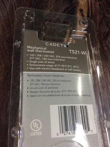Cadet 08300 Wall Mount Single Pole Thermostat, White, 120/240 volts T521-W