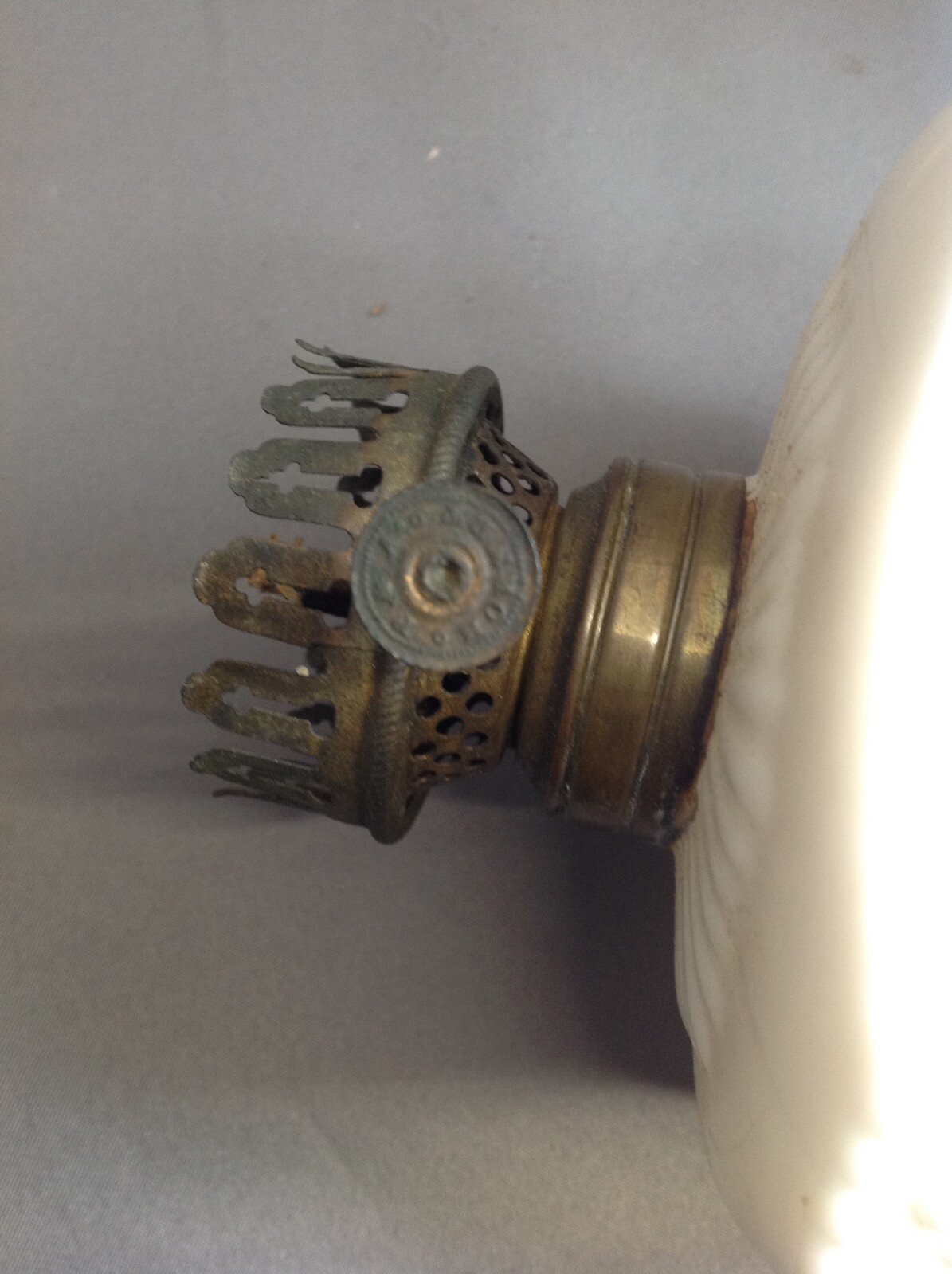 Antique Nutmeg Miniature Oil Lamp Milk Glass  w/ Acanthus Leaf Pattern c1880's