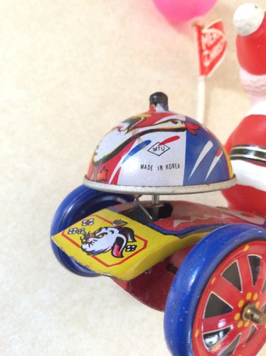 Vtg Santa Claus Christmas Tricycle Metal Wind Up Tin Toy Bike Korea Bell Plastic