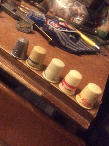 Lot Of 5 Antique Advertising Thimbles Lrudential Monumental Insurance Singer