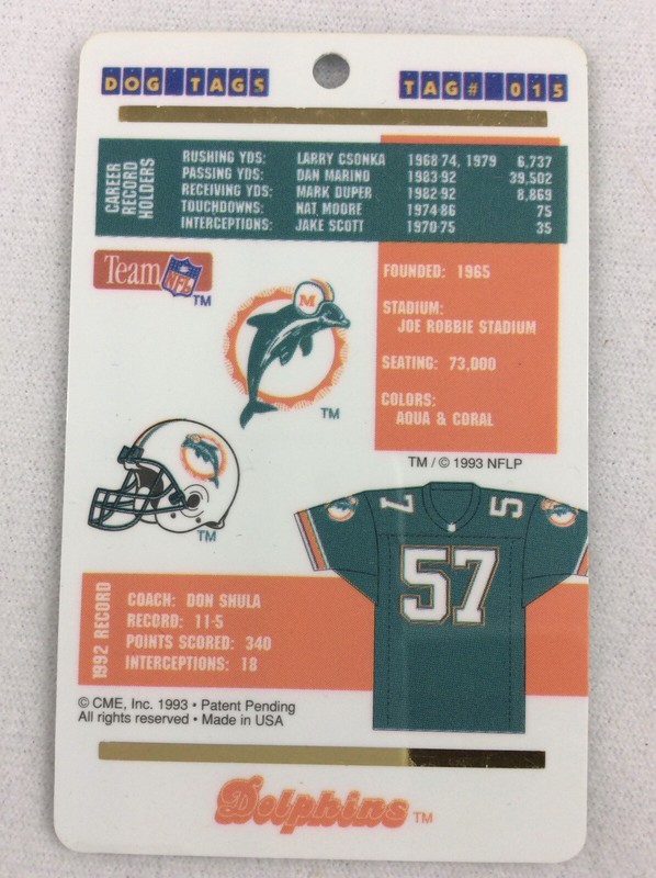 NFL 1993 Dog Tag #015-Miami Dolphins-Logo | eBay