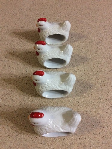 SET OF 4 VINTAGE WHITE CERAMIC  HEN NAPKIN RINGS HOLDERS