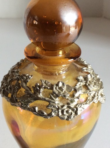 GORGEOUS AMBER OPALESCENT WITH SILVER OVERLAY GLASS PERFUME BOTTLE