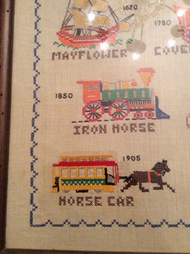 Framed Vintage Cross Stitch Sampler Olde Transportation Mayflower Wagon Railway