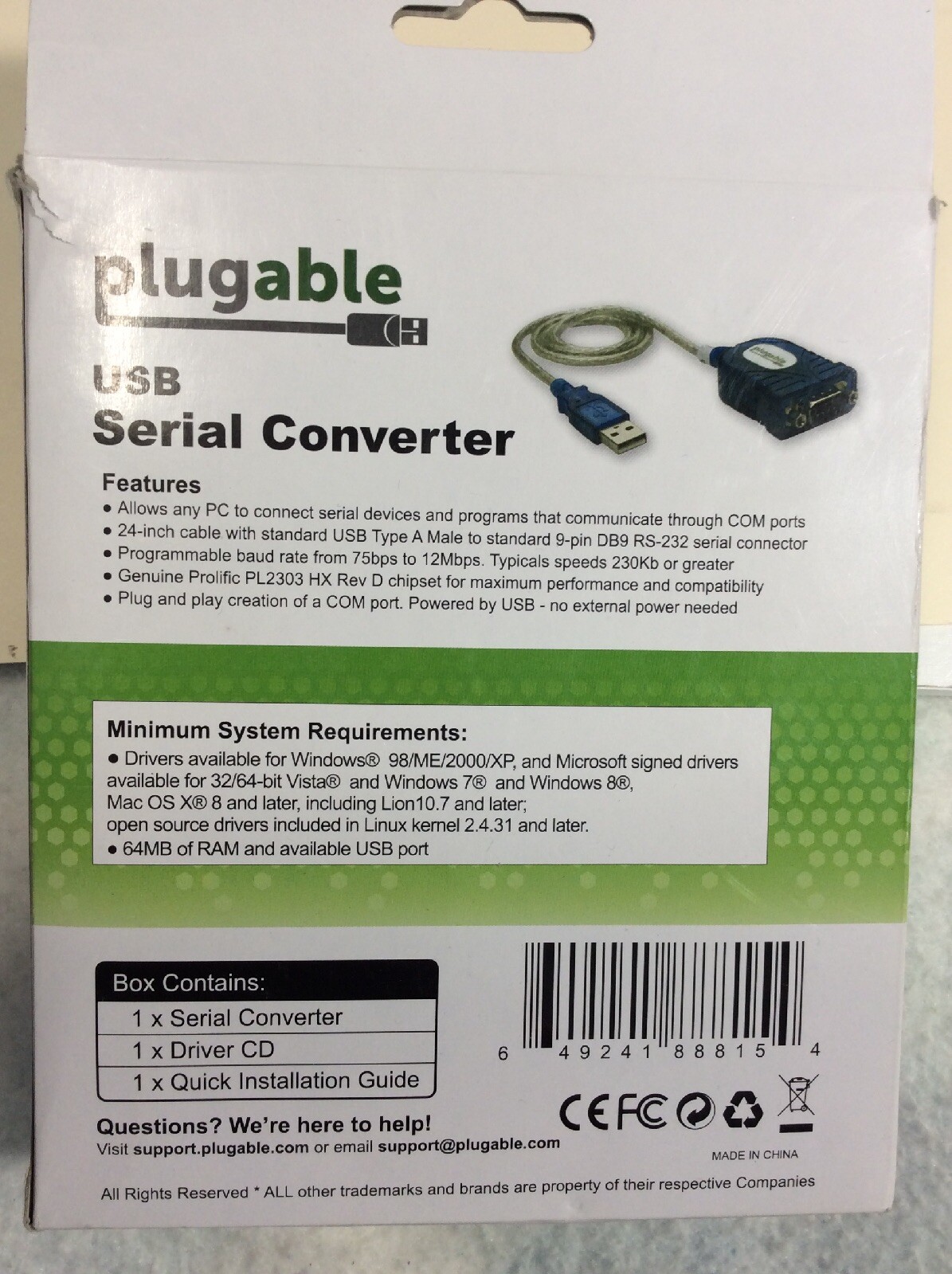 Plugable USB to Serial Converter,Connect a RS-232 Serial Device to USB 2.0 Port.