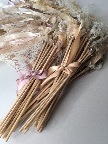 Pink Blush Ribbon Lace Bell Wood Wands Ribbon Wands Wedding Wand Lot Of 75