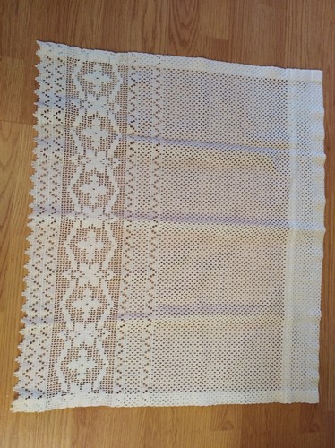 Vintage white lace curtains tiers, two panels 26 X 23