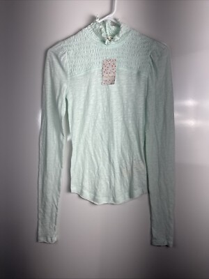 Free People Caroline Smock Turtleneck Iced Aqua Long Sleeves Top XS NWT