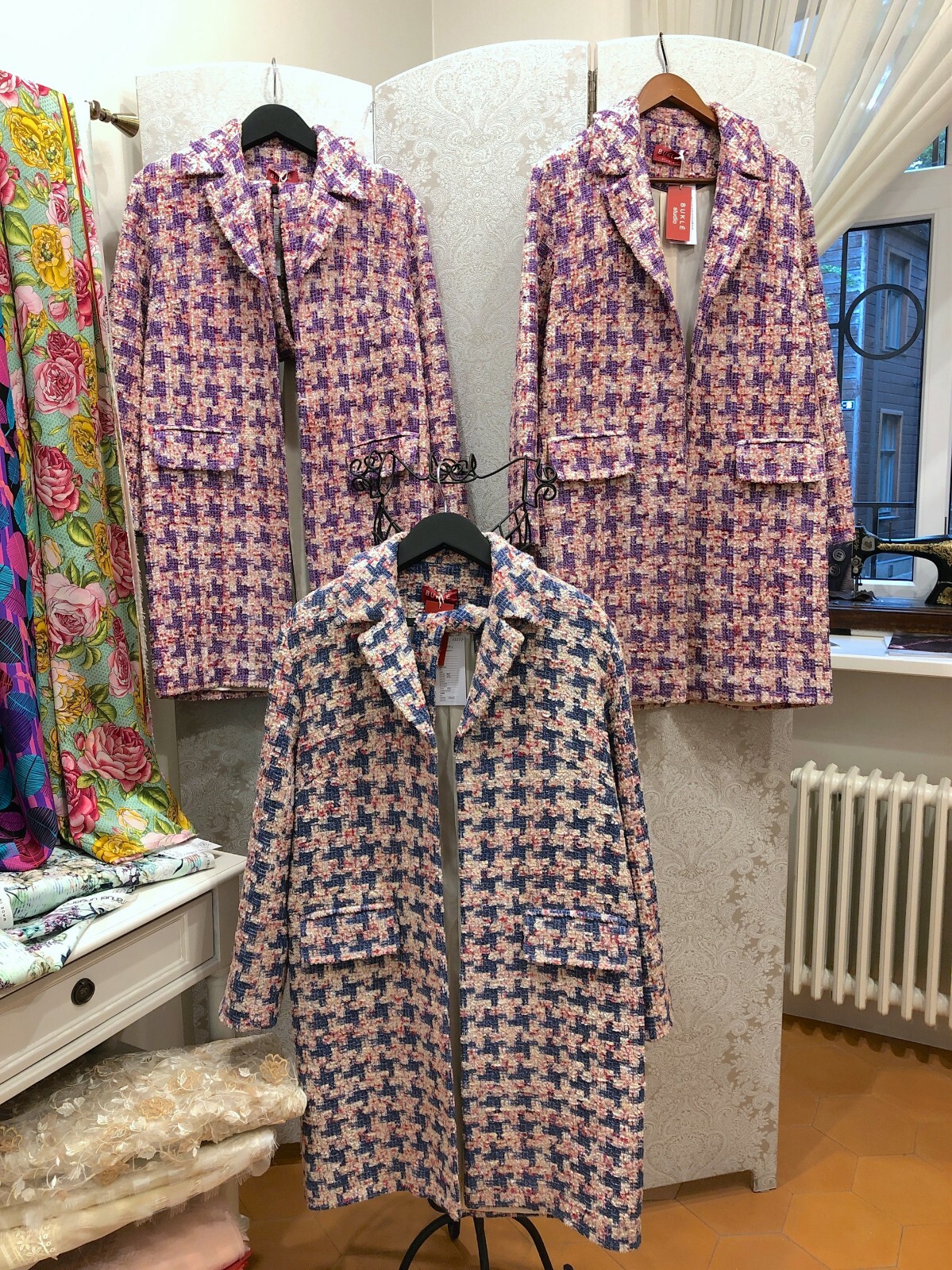 Pre-owned Studio Women´s Tweed Jacket Boucle Cotton Blend Pink Lilac Houndstooth Oversized
