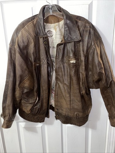 Vintage Leather Bomber Jacket Mens Large w/ Normandy