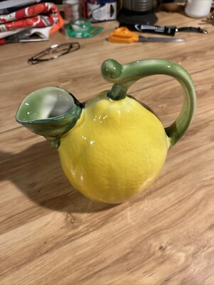 Vintage Sur La Table Lemon Pitcher Glazed Finish 7  Yellow Green Leaf RARE 9200