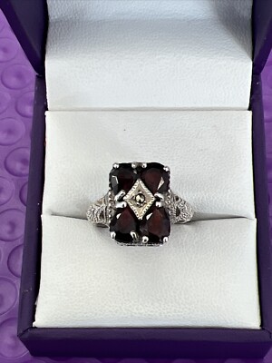   Sterling Silver Simulated Garnet Marcasite  Art Deco Style  Ring Sz 5 1/2