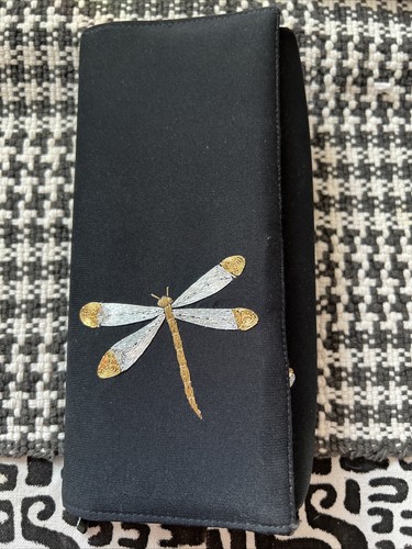 Claire V Black Fabric Gold&Silver Dragonflies Flap Clutch Wallet