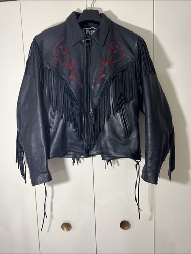 First Genuine Leather Jacket with Fringe and Red Rose