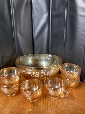 Vintage Jeanette Marigold Iridescent Carnival Egg Nog Set Punch Bowl with 6 cups