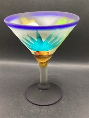 NEW Frosted Mexico Hand Painted Martini Glass Cactus Agave Cobalt Blue Foot
