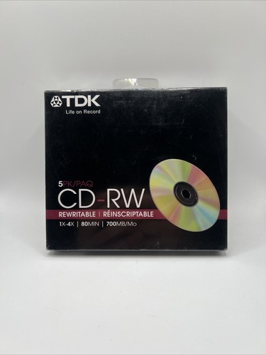 TDK CD-RW 5 Pack 1X-4X, 80MIN 700MB w Slim Cases Brand New Sealed