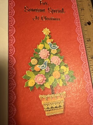Vtg Christmas Card UNUSED MCM Tree Red Pink Orange Felt Look 1960s Tall W/env