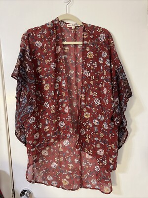 Wallflower Kimono Dress Women's XS Maroon Floral Blue Boho Casual Mood Indigo