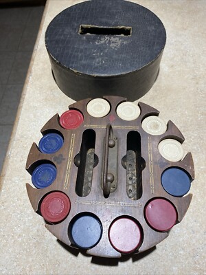 Vintage Hard Wood Chip Poker Set Complete Carousel Caddy w/Cover