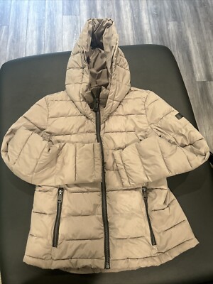 DKNY Goose Duck Down Filled Longline Puffer Coat Jacket Hooded Beige Women's M