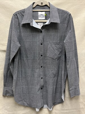 LYSSE Top Womens Medium Black White Plaid Button Up Shirt NWT Retail $105
